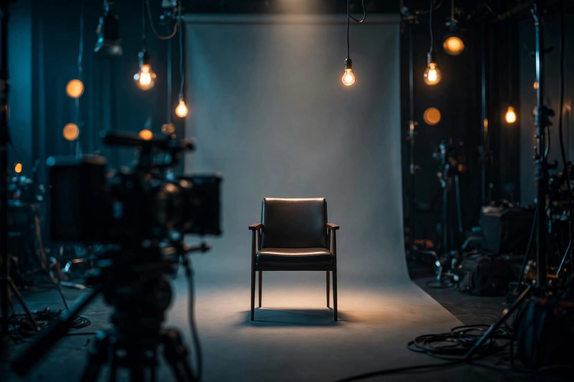 Spot ışığı altındaki seçme stüdyosu ve sinema kamerası